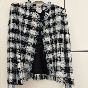 Alexander McQueen Black, Blue & White Plaid Fringe Bouclé Jacket